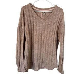 KUT from the Kloth‎ Ribbed V-Neck Sweater Pink Heathered High Low  Large z1